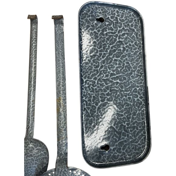Gray Graniteware Wall Utensil Holder with Utensils Vintage Farmhouse Ladle Spoon - Picture 6 of 7